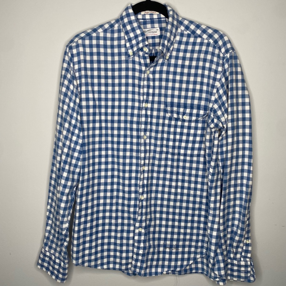 Gant Rugger Mens Indigo Flannel Gingham‎ Button Down Shirt Blue White Size M